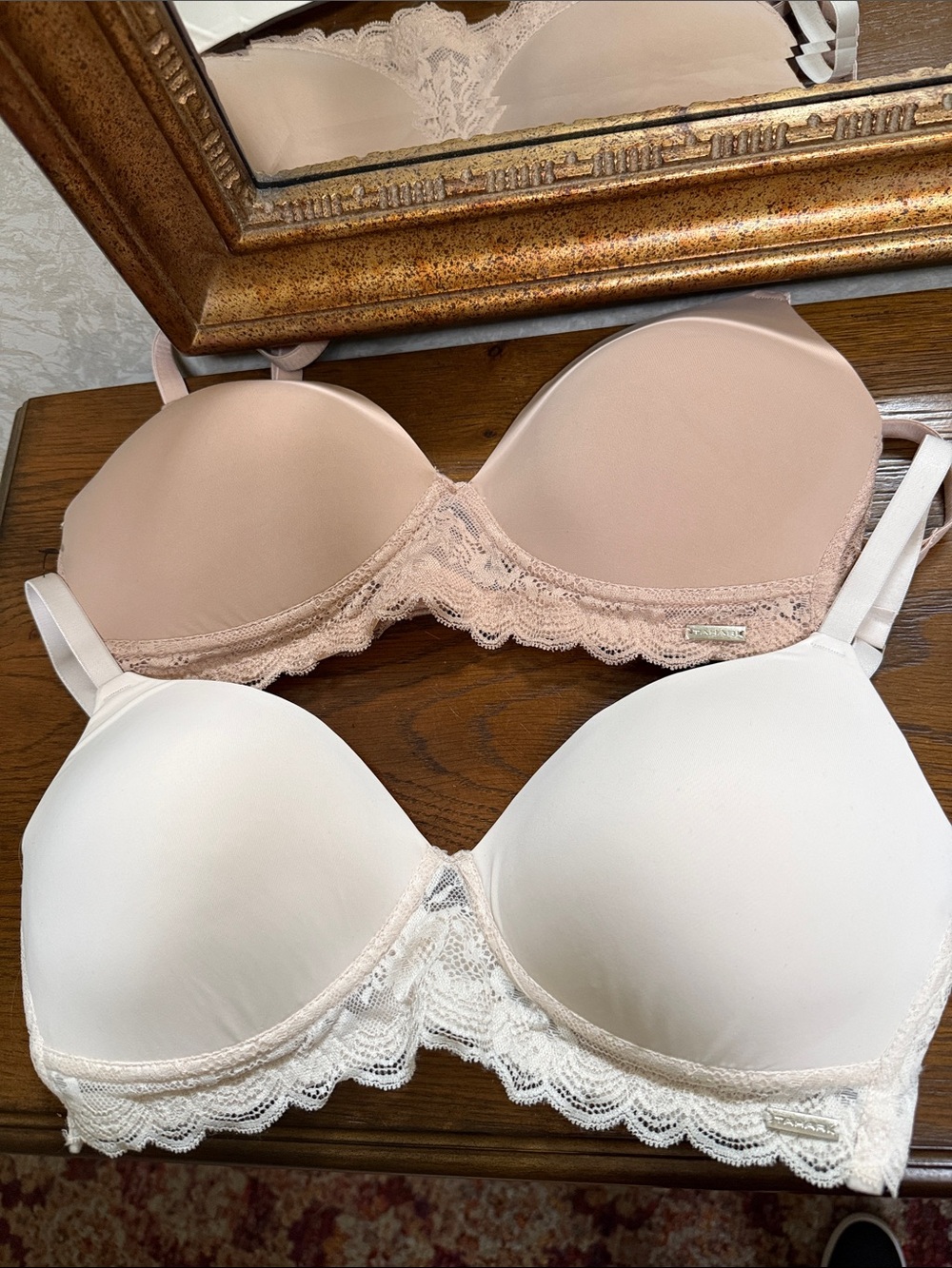 Tahari Lace-Trim Bras in Beige and White. Size 34C.